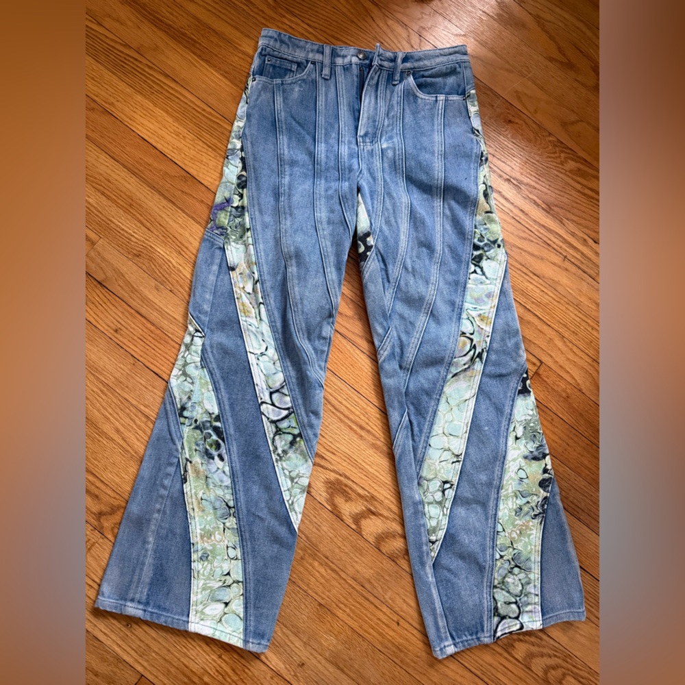 sydney x Jaded London Blue Denim Wide-Leg Jeans with Green Marble Inset Panels